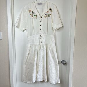 Vintage 80's Megan Moore Women's Embroidered White Dress fit L Western Retro